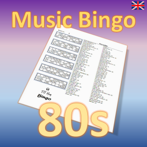 Get ready to travel back in time to the iconic 80s with “80s Music Bingo”! This game features 90 legendary hits from the era of big hair, bright colors, and unforgettable tunes. Each player will receive a custom bingo board with 90 different songs listed, and as the music plays, mark off the songs on your board that match the music you hear.