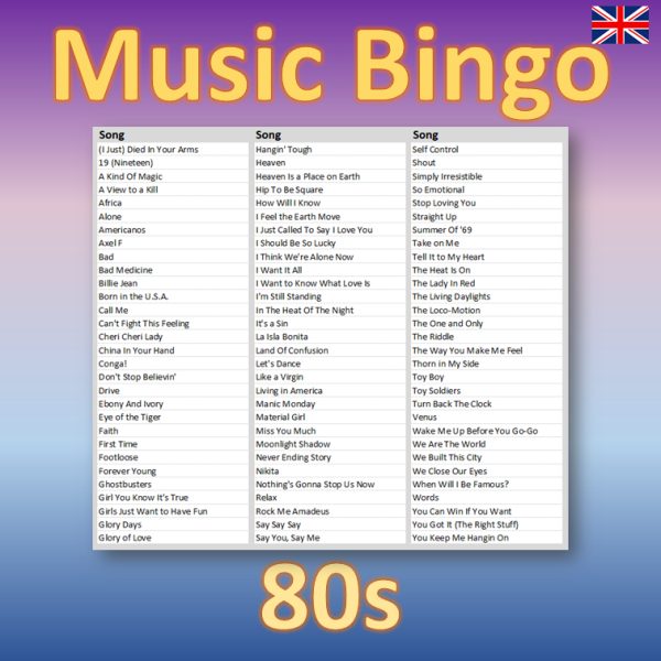 Get ready to travel back in time to the iconic 80s with “80s Music Bingo”! This game features 90 legendary hits from the era of big hair, bright colors, and unforgettable tunes. Each player will receive a custom bingo board with 90 different songs listed, and as the music plays, mark off the songs on your board that match the music you hear.
