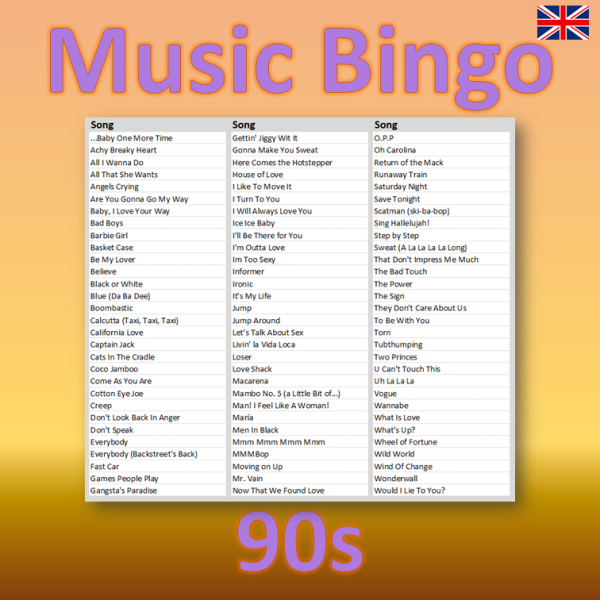 Introducing our 90s Music Bingo – the perfect game night activity for all the nostalgic music lovers out there! With 90 hit songs from the 1990s, you and your friends can relive the good old days while having a blast playing bingo.