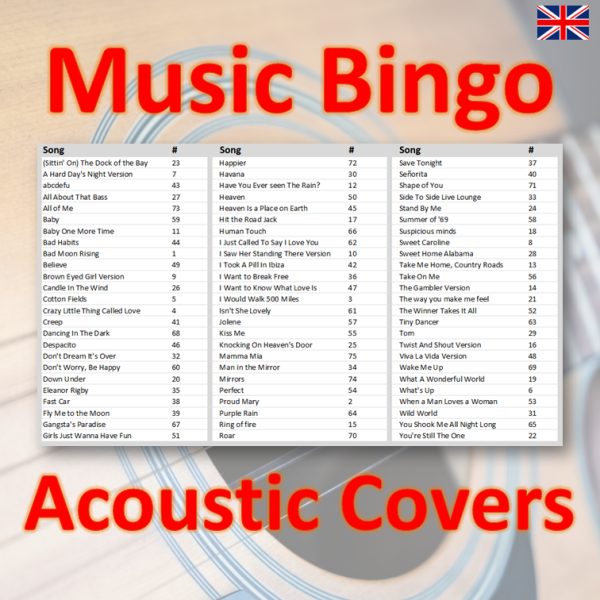 Looking for a fun and relaxing game night with friends? Look no further than our Music Bingo featuring 75 acoustic cover songs! Our game includes a wide selection of acoustic covers from popular songs across various genres, perfect for a laid-back and enjoyable evening.