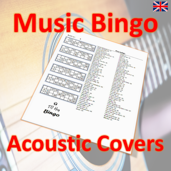 Looking for a fun and relaxing game night with friends? Look no further than our Music Bingo featuring 75 acoustic cover songs! Our game includes a wide selection of acoustic covers from popular songs across various genres, perfect for a laid-back and enjoyable evening.