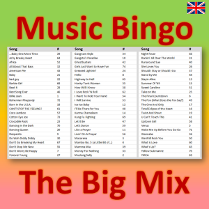 Introducing “The Big Mix Music Bingo” – a music bingo game that’s perfect for any occasion! With 90 different songs from both old and new genres, this game is sure to keep everyone entertained.