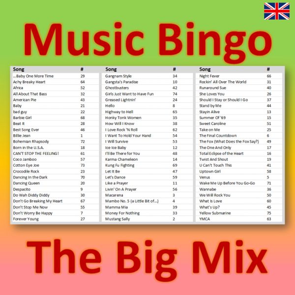 Introducing “The Big Mix Music Bingo” – a music bingo game that’s perfect for any occasion! With 90 different songs from both old and new genres, this game is sure to keep everyone entertained.
