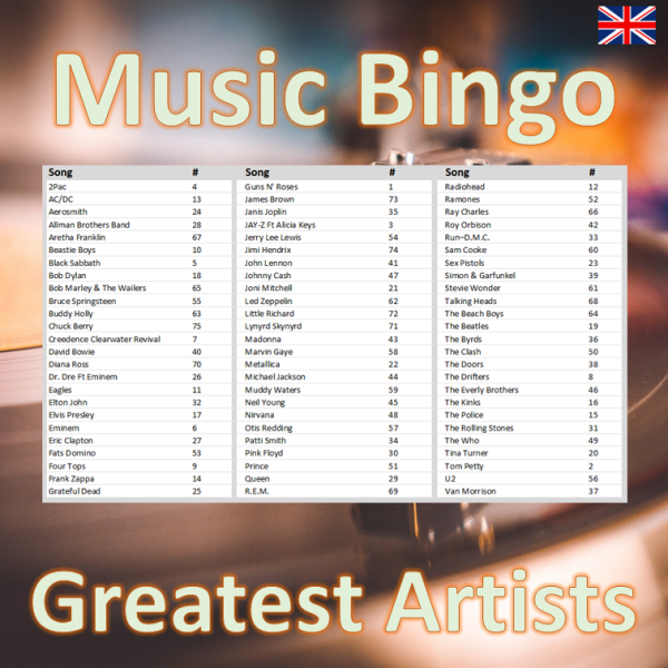 Get ready for a musical challenge with “Greatest Artists Music Bingo”! Featuring 75 of the most iconic artists in music history, this bingo game will put your knowledge to the test. Can you guess the artist performing the song?
