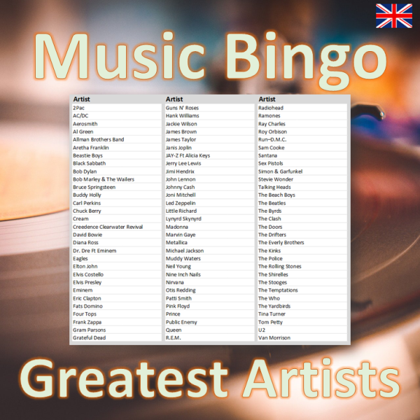 Get ready for a musical challenge with “Greatest Artists Music Bingo”! Featuring 75 of the most iconic artists in music history, this bingo game will put your knowledge to the test. Can you guess the artist performing the song?