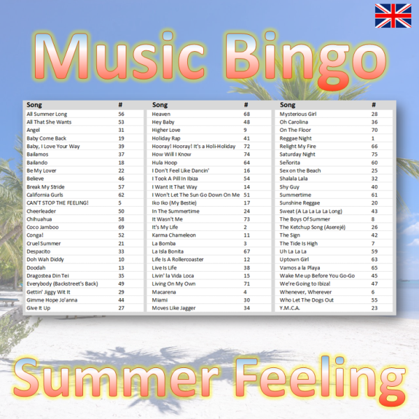 Get ready to bring the summer vibes to your next gathering with “Summer Feeling Music Bingo”! This bingo game includes 75 upbeat and feel-good summer tunes that will have you singing along and dancing in no time.