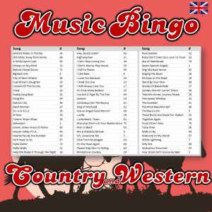 Get ready for a rootin’ tootin’ good time with our “Country & Western Music Bingo” game! Featuring 75 classic country & western hits from legends like Tammy Wynette, George Jones, Buck Owens, and many more, this game is perfect for any country music fan.