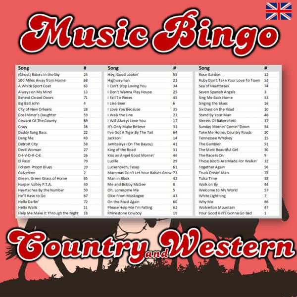 Get ready for a rootin’ tootin’ good time with our “Country & Western Music Bingo” game! Featuring 75 classic country & western hits from legends like Tammy Wynette, George Jones, Buck Owens, and many more, this game is perfect for any country music fan.