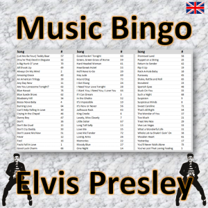 Get all shook up with our “Elvis Presley Music Bingo” game! Featuring 75 classic songs from the King of Rock and Roll himself, this music bingo game is the perfect addition to any party or event.