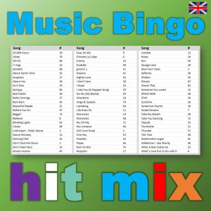 Get ready to dance and sing along to the biggest chart hits of the last years with our “Hit Mix Music Bingo”! With 75 of the catchiest and most popular songs around, this game is perfect for any party or gathering.