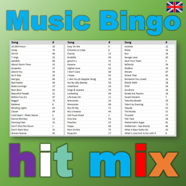 Get ready to dance and sing along to the biggest chart hits of the last years with our “Hit Mix Music Bingo”! With 75 of the catchiest and most popular songs around, this game is perfect for any party or gathering.