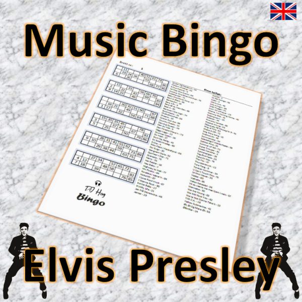 Get all shook up with our “Elvis Presley Music Bingo” game! Featuring 75 classic songs from the King of Rock and Roll himself, this music bingo game is the perfect addition to any party or event.