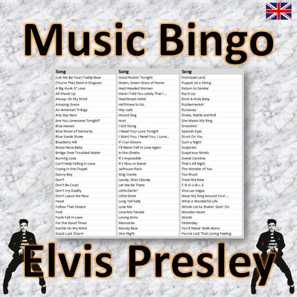 Get all shook up with our “Elvis Presley Music Bingo” game! Featuring 75 classic songs from the King of Rock and Roll himself, this music bingo game is the perfect addition to any party or event.