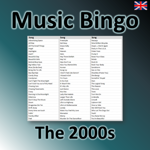 Get ready to take a nostalgic trip down memory lane with “The 2000s Music Bingo”! Featuring 75 iconic tunes from the 2000s, this music bingo game is perfect for any occasion.