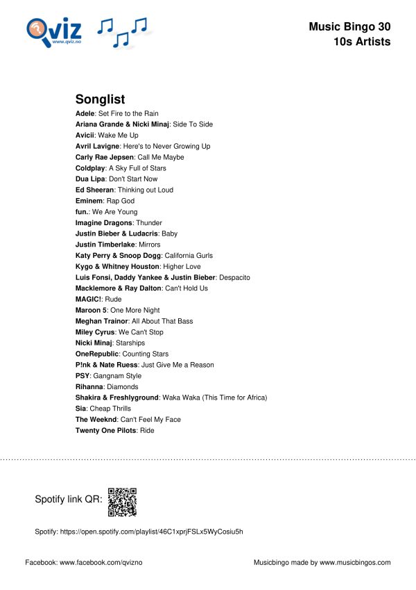 10s Artists - Music Bingo 30 - Image 4