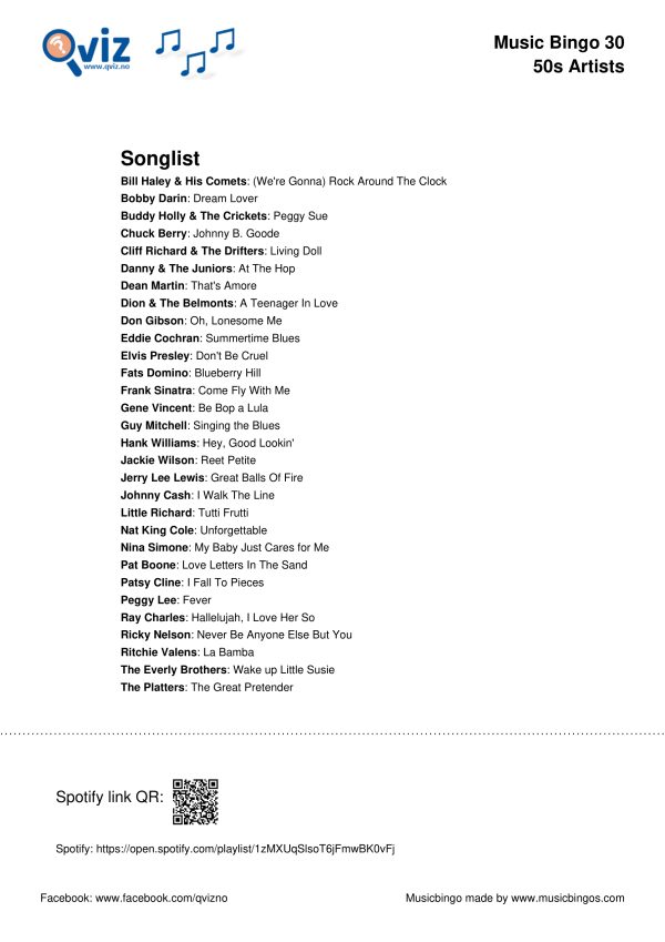 50s Artists - Music Bingo 30 - Image 4
