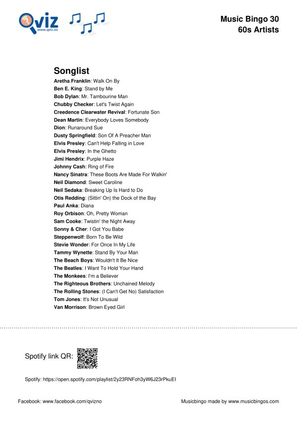 60s Artists - Music Bingo 30 - Image 4
