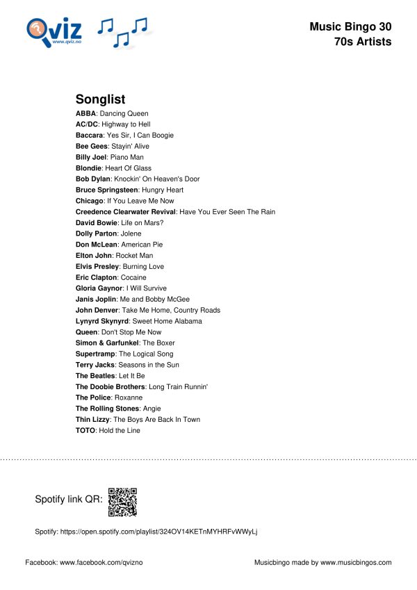 70s Artists - Music Bingo 30 - Image 4