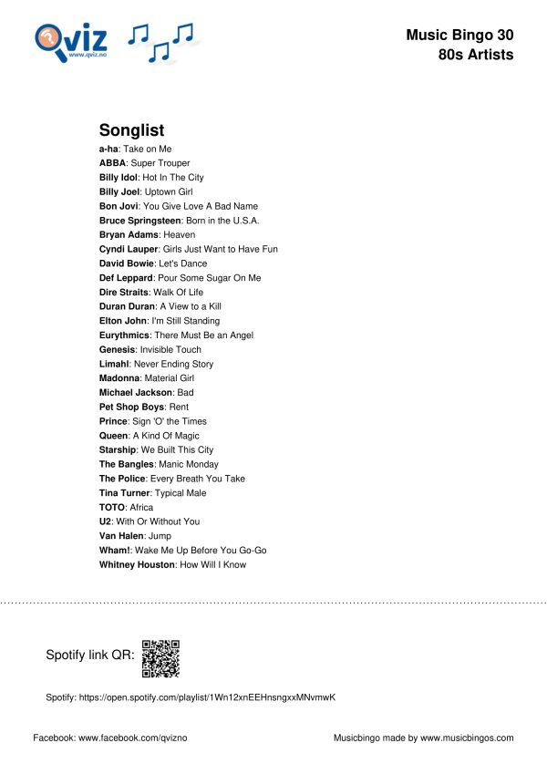 80s Artists - Music Bingo 30 - Image 4