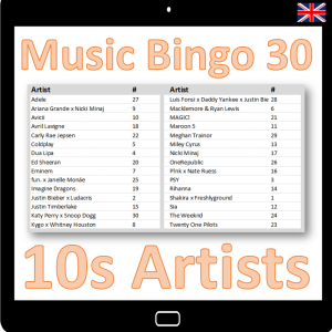 Get ready to groove to the biggest hits of the 2010s with “10s Artists Music Bingo” – the ultimate game for music lovers who want to relive the best songs from the past decade.
