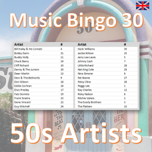 Step back in time to the golden era of music with “50s Artists Music Bingo” – the ultimate game for music lovers who want to relive the best songs from the 1950s.