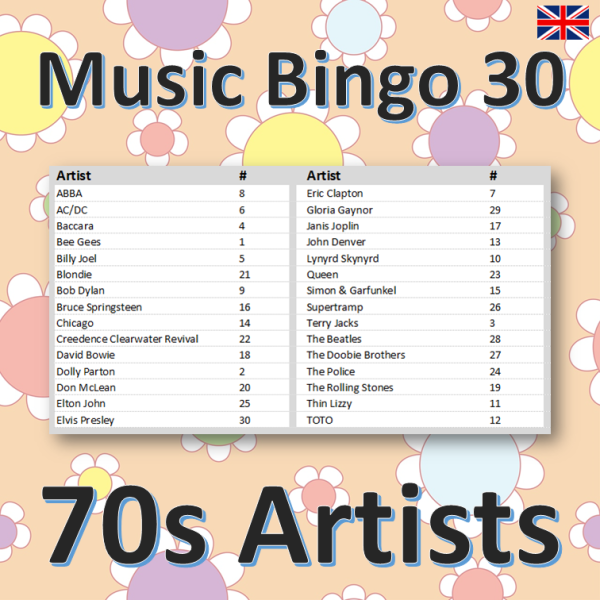 Get ready to boogie down with “70s Artists Music Bingo”! This game is the perfect way to relive the unforgettable songs of the era.