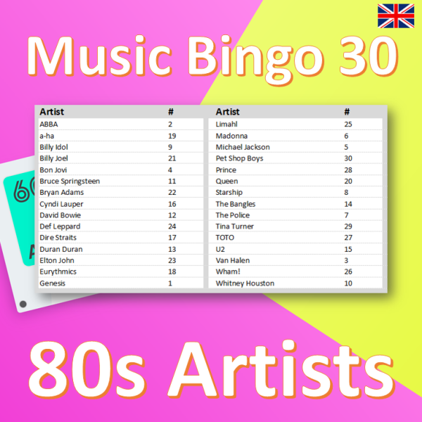 Are you ready to relive the glory days of the 1980s? “80s Artists Music Bingo” is the perfect way to do just that!