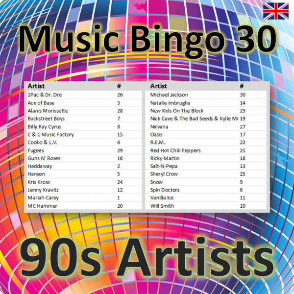 Step back in time to the decade of grunge, pop, and hip-hop with “90s Artists Music Bingo”! Featuring 30 legendary artists and their most memorable hits, this game will take you on a nostalgic journey through the ’90s.