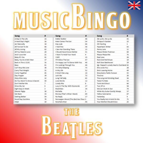 Introducing “The Beatles Music Bingo” – a unique way to experience the timeless classics of the legendary band! With 75 handpicked songs, this bingo game is perfect for fans and music enthusiasts alike.