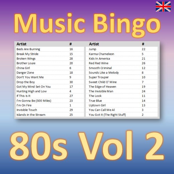 Introducing our 80s Music Bingo – the ultimate game night activity for all music lovers! With 30 iconic songs from the 1980s, you and your friends can enjoy a blast from the past while competing to be the first to call out “BINGO!”