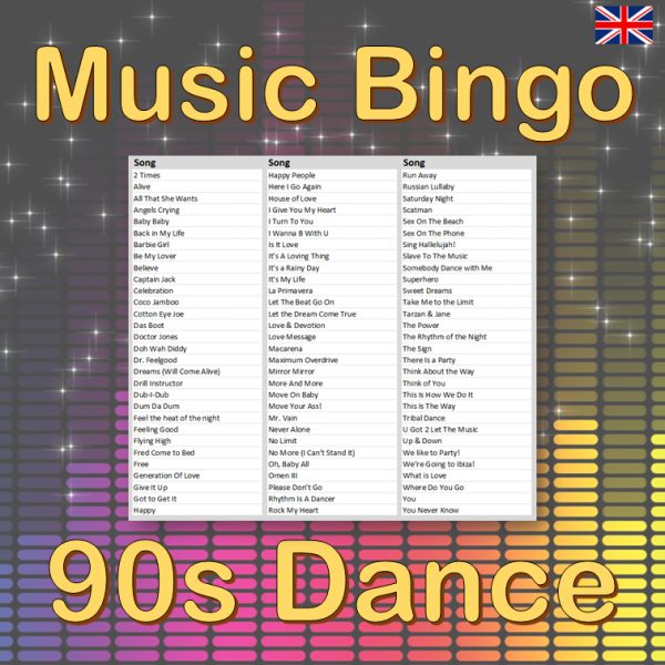 Get ready to dance the night away with our 90s Dance Music Bingo! Featuring 30 of the best dance hits from the 1990s, our game will have you and your friends moving and grooving all night long.