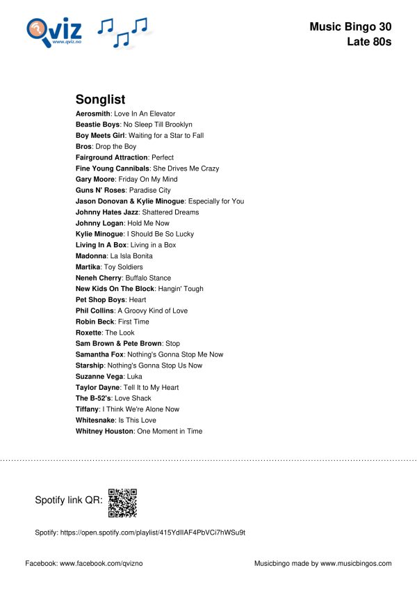 Late 80s - Music Bingo 30 - Image 4