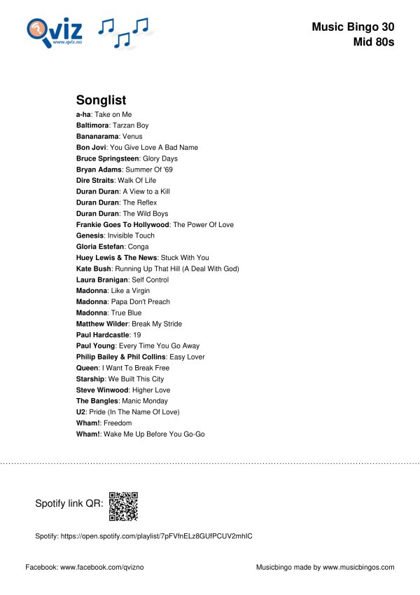 Mid 80s - Music Bingo 30 - Image 4