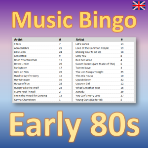 Are you ready to go back in time? Play our Early 80s Music Bingo and relive the golden era of pop, rock, and new wave. With 30 hits from the years 1980 to 1982, including classics from artists like Michael Jackson, David Bowie, and Duran Duran, you’ll have a blast guessing which song is next.
