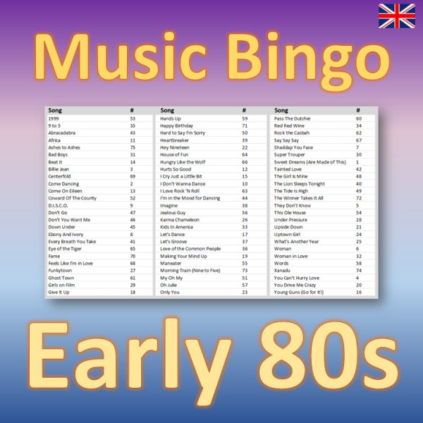 Are you ready to go back in time? Play our Early 80s Music Bingo and relive the golden era of pop, rock, and new wave. With 30 hits from the years 1980 to 1982, including classics from artists like Michael Jackson, David Bowie, and Duran Duran, you’ll have a blast guessing which song is next.