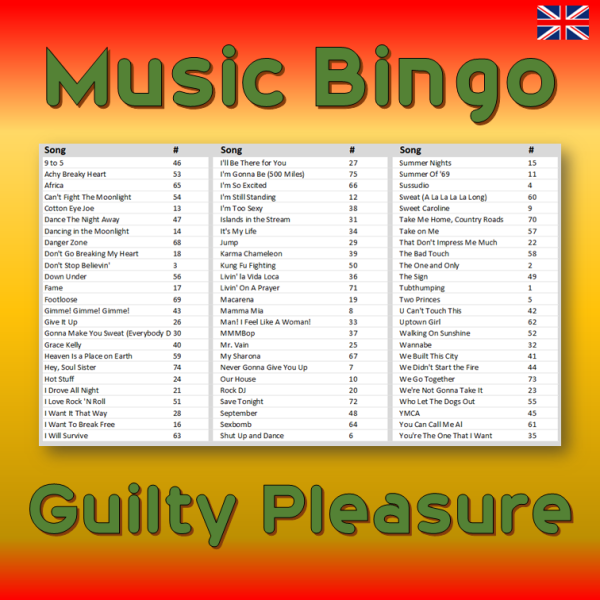 Introducing “Guilty Pleasure Music Bingo” – the ultimate game for music lovers who can’t resist a guilty pleasure song! With 30 tracks spanning multiple genres and decades, you’ll have a blast trying to recognize the songs.