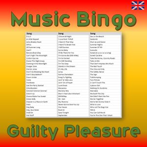 Introducing “Guilty Pleasure Music Bingo” – the ultimate game for music lovers who can’t resist a guilty pleasure song! With 30 tracks spanning multiple genres and decades, you’ll have a blast trying to recognize the songs.