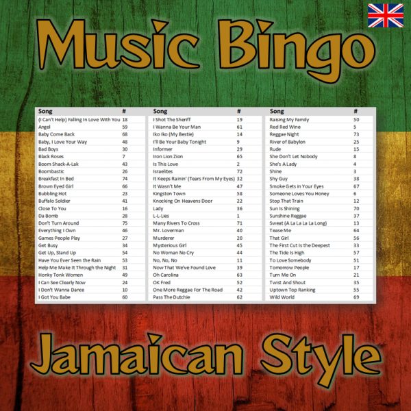 Get ready to move to the rhythm of Jamaica with our “Jamaican Style Music Bingo”! This music bingo includes 30 reggae songs, a mix of classic and new ones that will keep you grooving all night long.