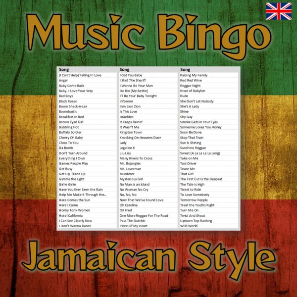 Get ready to move to the rhythm of Jamaica with our “Jamaican Style Music Bingo”! This music bingo includes 30 reggae songs, a mix of classic and new ones that will keep you grooving all night long.