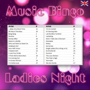 Looking for a fun and exciting way to spend your next ladies night? Look no further than Ladies Night Music Bingo! This music bingo game includes 30 hit songs from some of the greatest female artists of all time.