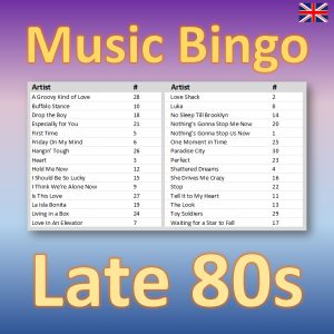 Get ready to go back in time with “Late 80s Music Bingo”! With 30 iconic hits from the years 1987 to 1989, this bingo game is the perfect way to relive the glory days of the late 80s.