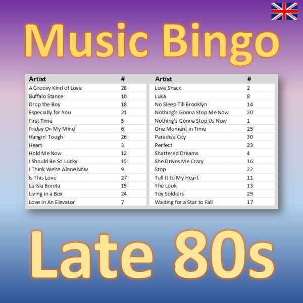 Get ready to go back in time with “Late 80s Music Bingo”! With 30 iconic hits from the years 1987 to 1989, this bingo game is the perfect way to relive the glory days of the late 80s.