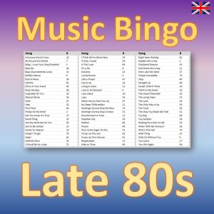 Get ready to go back in time with “Late 80s Music Bingo”! With 30 iconic hits from the years 1987 to 1989, this bingo game is the perfect way to relive the glory days of the late 80s.