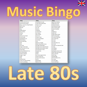 Get ready to go back in time with “Late 80s Music Bingo”! With 30 iconic hits from the years 1987 to 1989, this bingo game is the perfect way to relive the glory days of the late 80s.