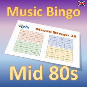 Get ready to go back in time with our “Mid 80s Music Bingo”! This exciting music bingo game features 30 hits from the years 1983 to 1986, including iconic songs from artists like a-Ha, Madonna, and Duran Duran.