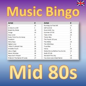 Get ready to go back in time with our “Mid 80s Music Bingo”! This exciting music bingo game features 30 hits from the years 1983 to 1986, including iconic songs from artists like a-Ha, Madonna, and Duran Duran.