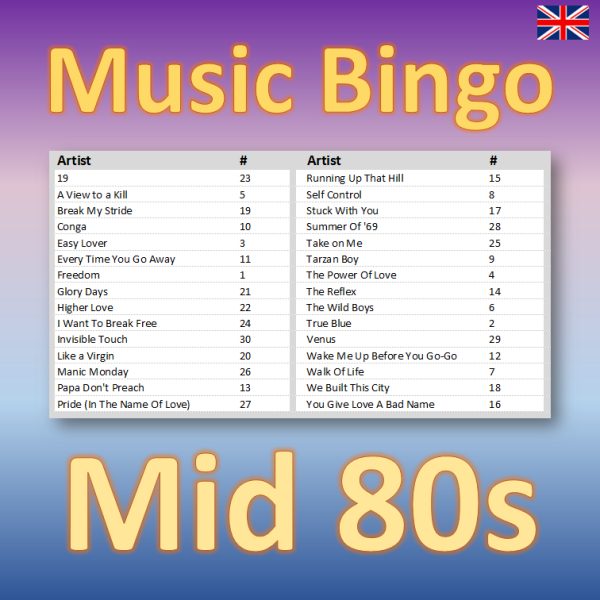Get ready to go back in time with our “Mid 80s Music Bingo”! This exciting music bingo game features 30 hits from the years 1983 to 1986, including iconic songs from artists like a-Ha, Madonna, and Duran Duran.
