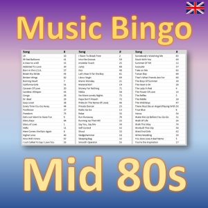 Get ready to go back in time with our “Mid 80s Music Bingo”! This exciting music bingo game features 30 hits from the years 1983 to 1986, including iconic songs from artists like a-Ha, Madonna, and Duran Duran.