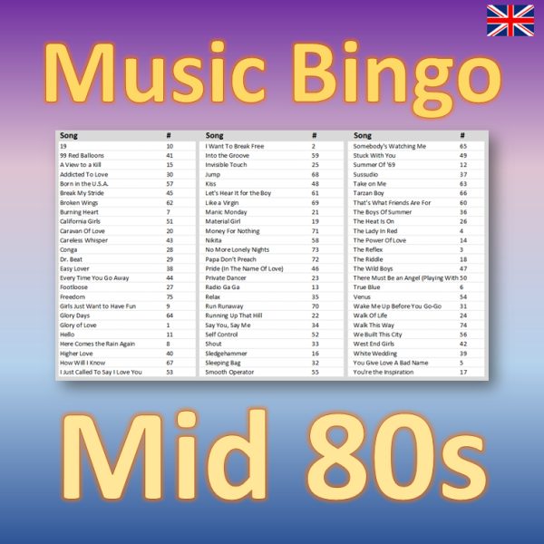 Get ready to go back in time with our “Mid 80s Music Bingo”! This exciting music bingo game features 30 hits from the years 1983 to 1986, including iconic songs from artists like a-Ha, Madonna, and Duran Duran.