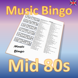 Get ready to go back in time with our “Mid 80s Music Bingo”! This exciting music bingo game features 30 hits from the years 1983 to 1986, including iconic songs from artists like a-Ha, Madonna, and Duran Duran.